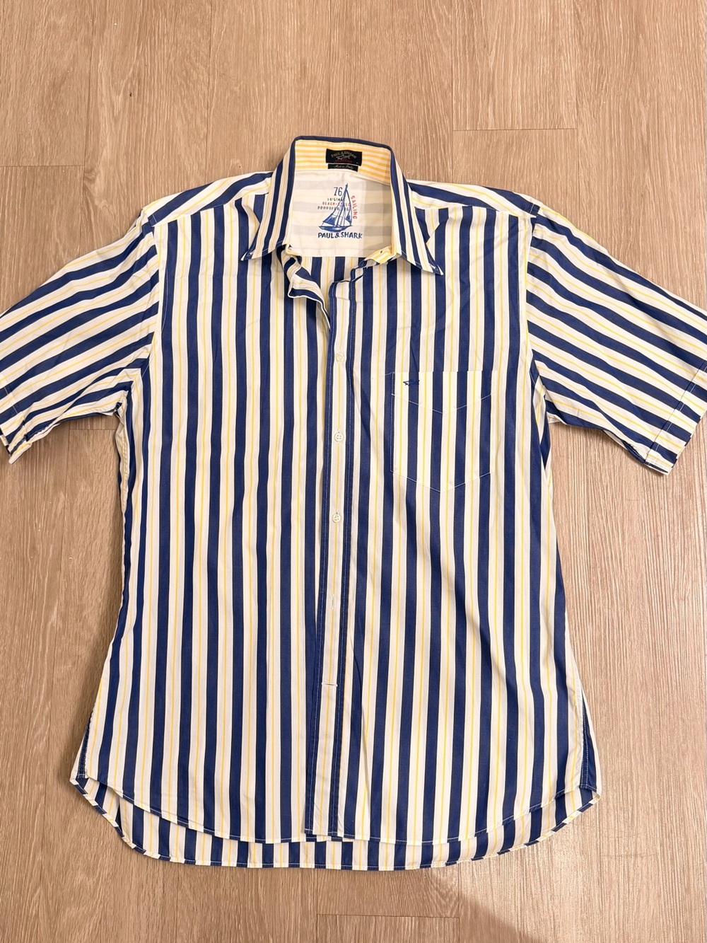 Paul & Shark Vertical Blue and Cream Striped Short-Sleeve Shirt

#162
